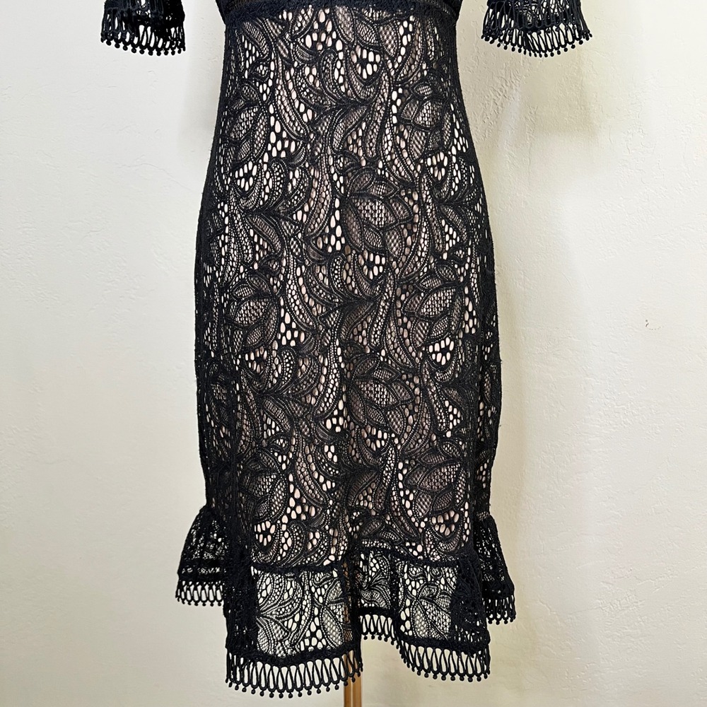 Bardot Black Lace Mock Neck Knee Length Dress Sheath Theodora‎ Size 8 / Medium - Picture 3 of 12